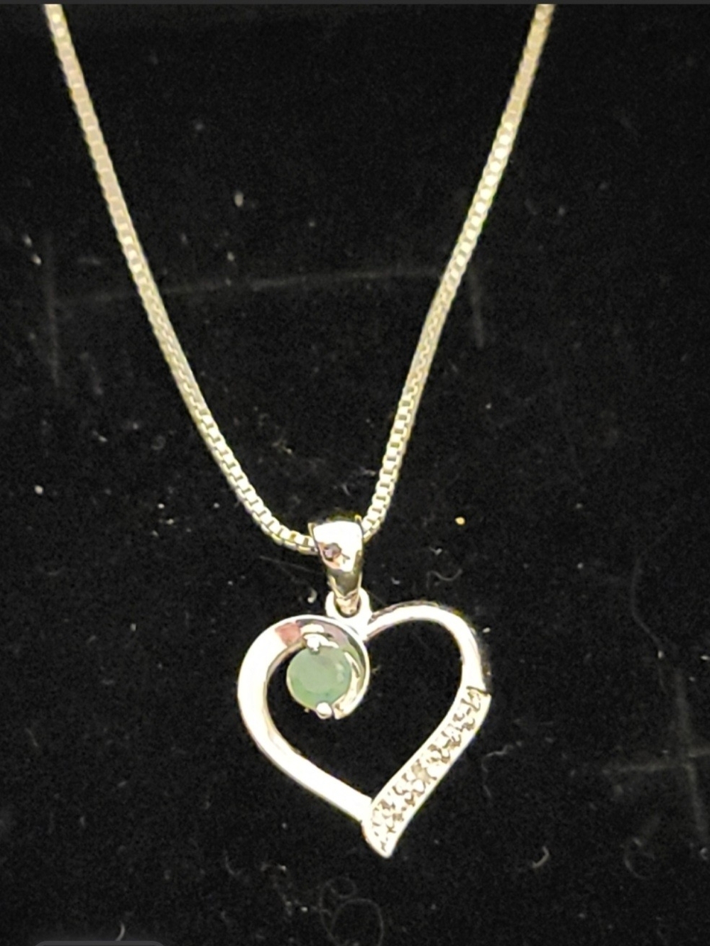 Silver, Sterling, Heart Pendant Necklace with Green Gem, Romantic, Love